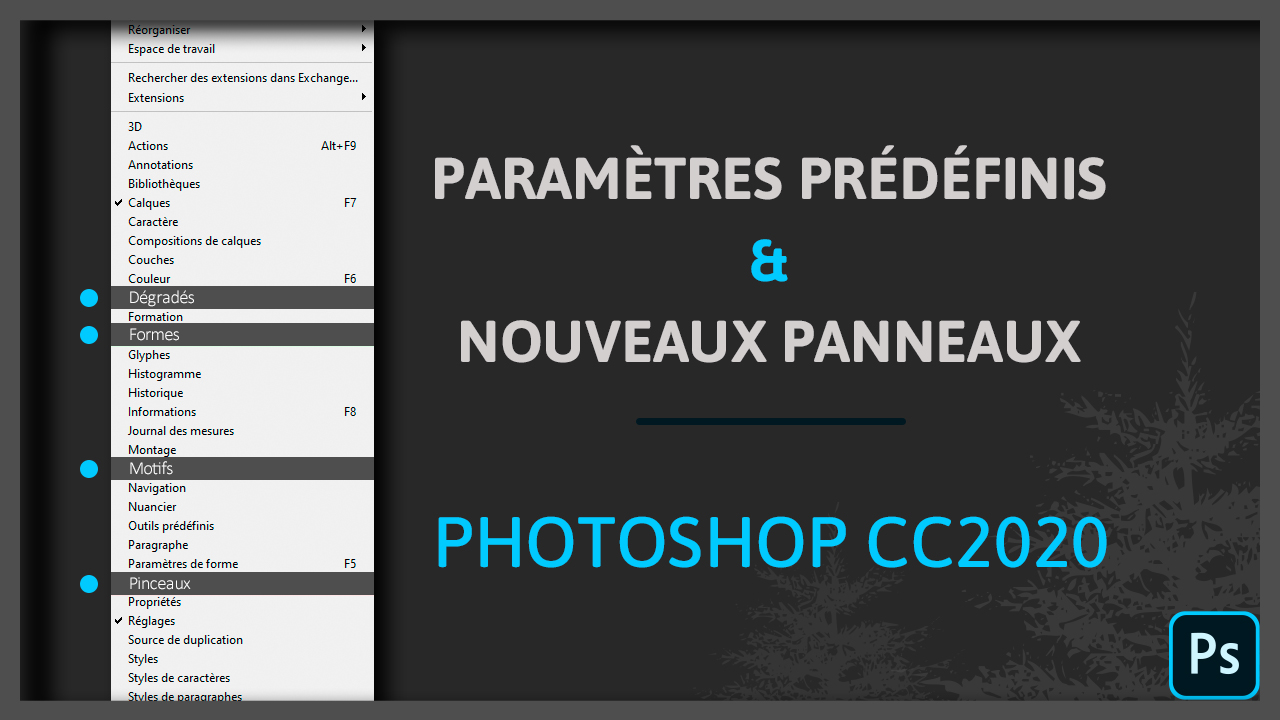 Paramètres prédéfinis et nouveaux panneaux Photoshop CC2020
